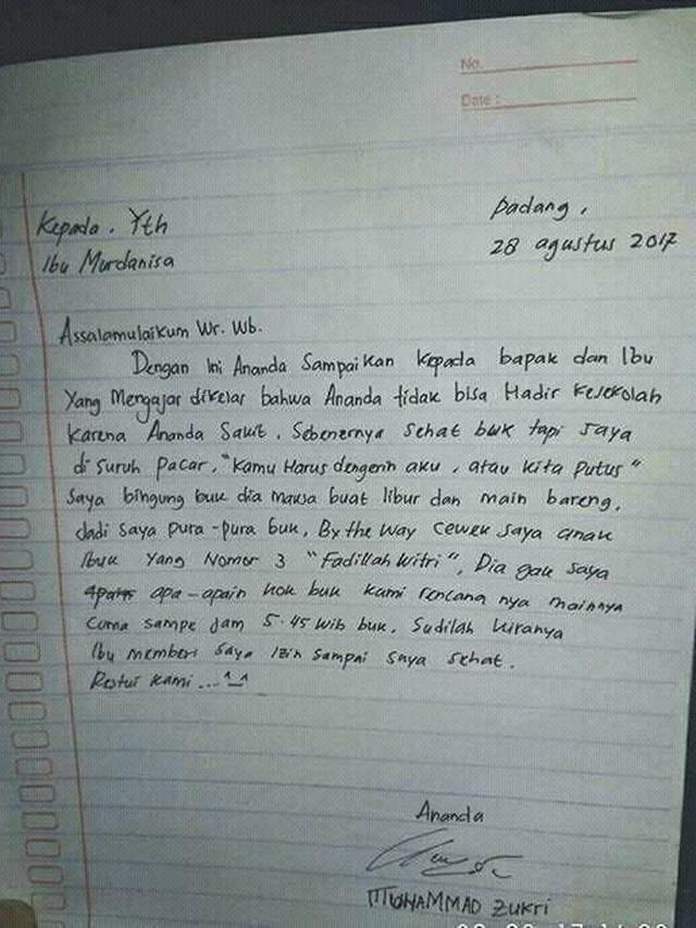 6 Potret Surat Izin Sakit Siswa Ini Isinya Kocak, Bikin Guru Jadi Ngakak