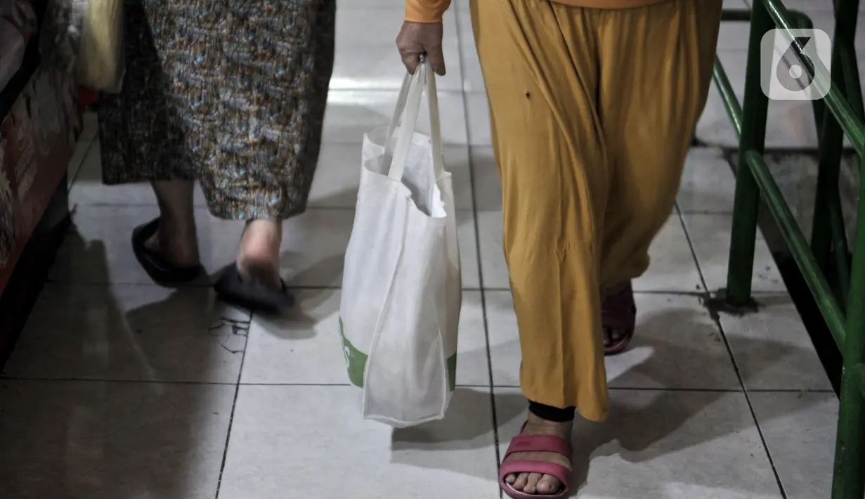 Warga membawa barang belanjaan dengan kantong plastik dan kantong ramah lingkungan di Pasar Tebet Barat, Jakarta, Kamis (6/2/2020). Namun dalam kenyataannya, masih banyak pedagang maupun pembeli yang menggunakan kantung plastik sebagai tempat bawaan membawa belanjaan. (merdeka.com/Iqbal S Nugroho)