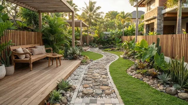 Inspirasi Taman dengan Unsur Kayu dan Batu Kali