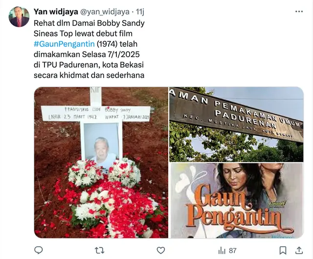 Sutradara film Bobby Sandy, pencetak film laris era 70-an, meninggal dalam tidur