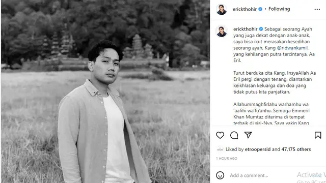 Tangkapan layar instagram milik Menteri Badan Usaha Milik Negara (BUMN) Erick Thohir yang mendoakan  Gubernur Jawa Barat Ridwan Kamil.