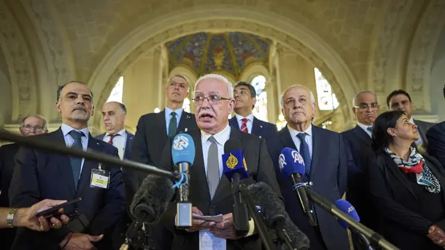 Penasihat kebijakan luar negeri Palestina, Riad Malki di International of Court Justice (ICJ), Jumat 19 Juli 2024. (AP)