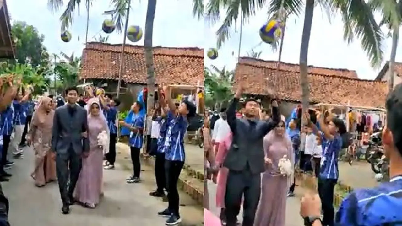Bertema Olahraga, Prosesi Pernikahan Mempelai Diiringi Umpan Bola Voli Ini Viral
