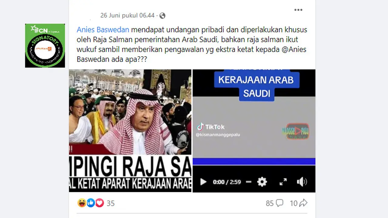 Tangkapan layar klaim foto Anies Baswedan mendapat perlakukan khusus dari Pemerintah Arab Saudi