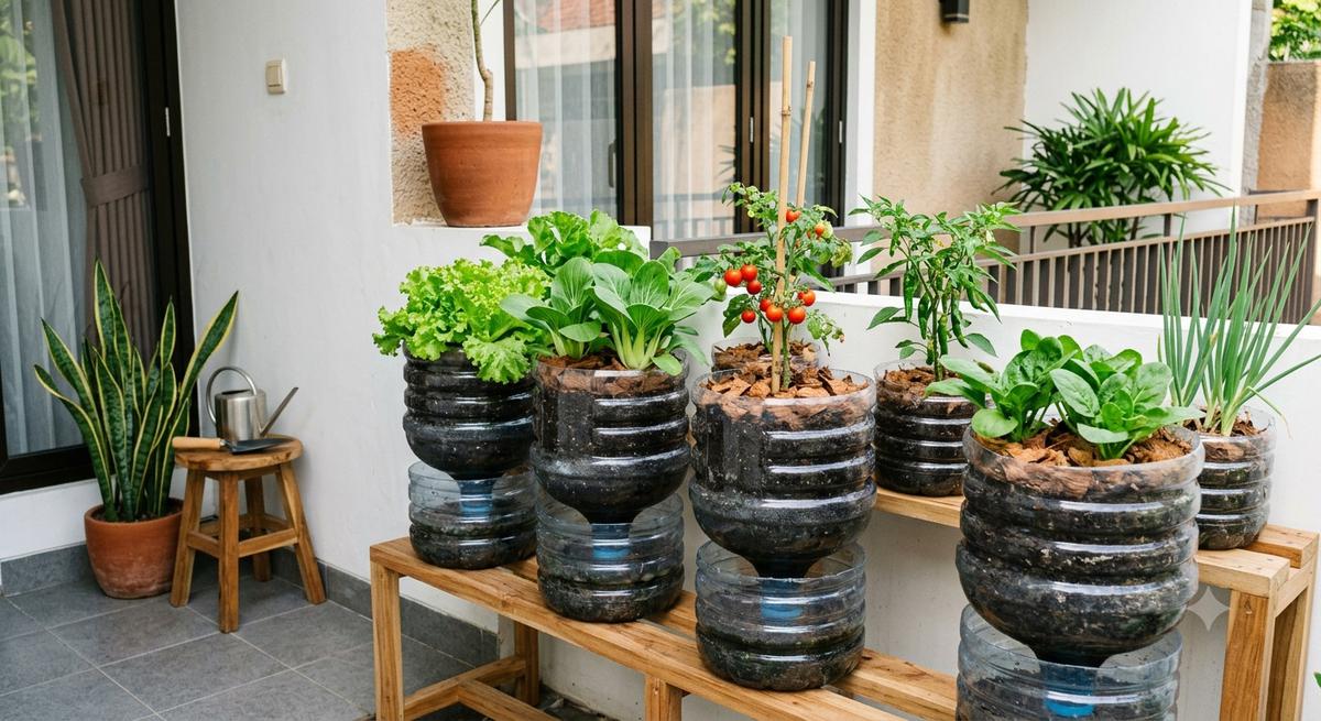 inspirasi kebun sayur mini dari galon bekas untuk teras rumah
