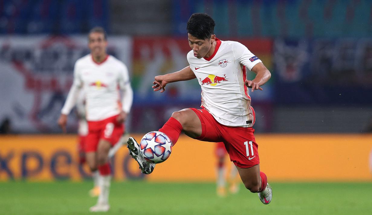 3-6. Hee-Chan Hwang. Striker asal Korea Selatan ini telah mencetak 11 gol dalam penampilannya bersama Salzburg pada musim 2013/2014 hingga musim 2019/2020 dan RB Leipzig mulai musim ini. (AFP/Ronny Hartmann)