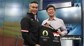 Chef de Mission (CdM) kontingen Indonesia ke Olimpiade Paris 2024, Anindya Novyan Bakrie (kiri) bersama Direktur Utama SCM, Sutanto Hartono usai menggelar pertemuan di Menara SCTV, Jakarta, Rabu (17/7/2024).  (Liputan6.com/Herman Zakharia)