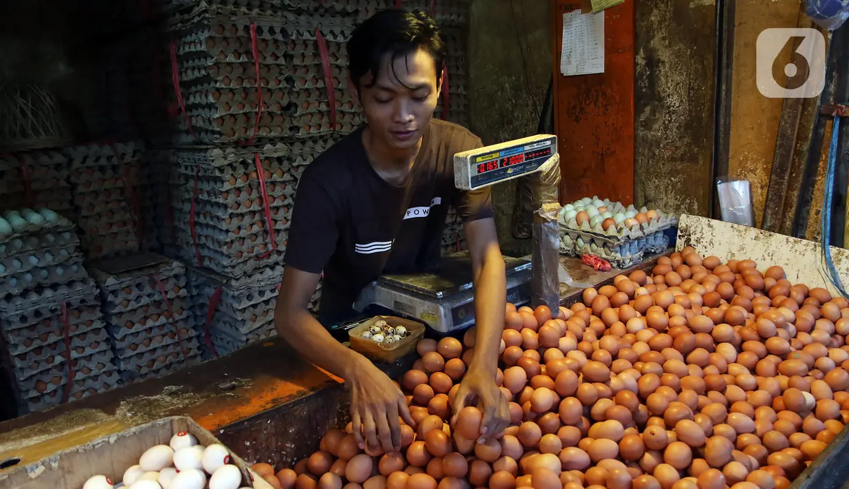 Aktivitas jual beli telur di pasar Kebayoran Lama, Jakarta, Kamis (5/7/2020).  Pemerintah lewat Kementerian Pertanian (Kementan) melarang peredaran telur ayam infertil atau telur HE (hatched eggs), tapi kenyataannya masih banyak diperjualbelikan di pasar. (Liputan6.com/Johan Tallo)