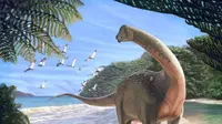 Seekor Mansourasaurus shahinae berada di garis pantai, dimana tempat tersebut kini menjadi Western Desert of Egypt, sekitar 80 juta tahun yang lalu. (Andrew McAfee/AFP)