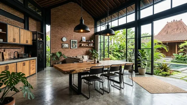 Model Rumah dengan Lantai Semen Ekspos dan Dekorasi Kayu