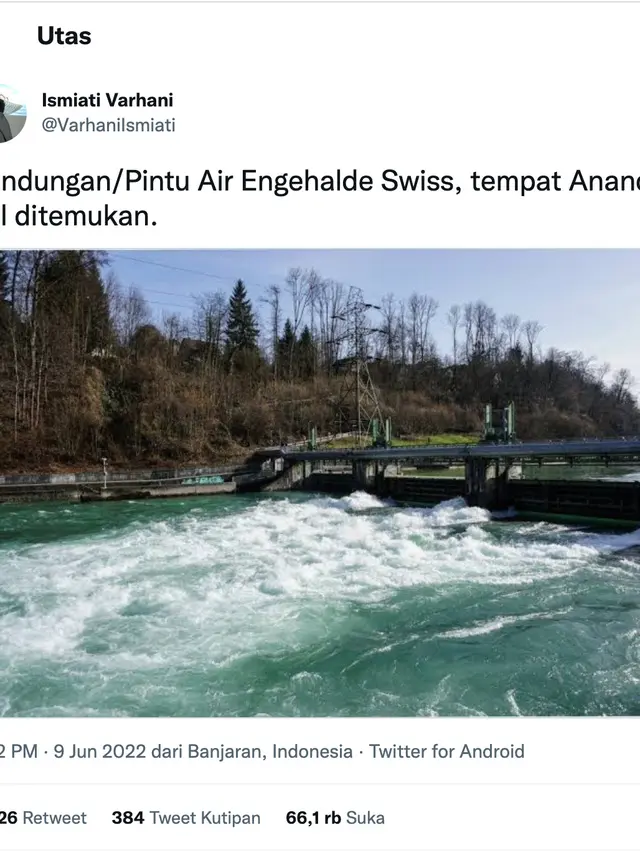 Cuitan seputar Bendungan Engehalde Swiss yang trending di medsos, Jumat, 10 Juni 2022. (Foto: Dok. Twitter @VarhaniIsmiati)