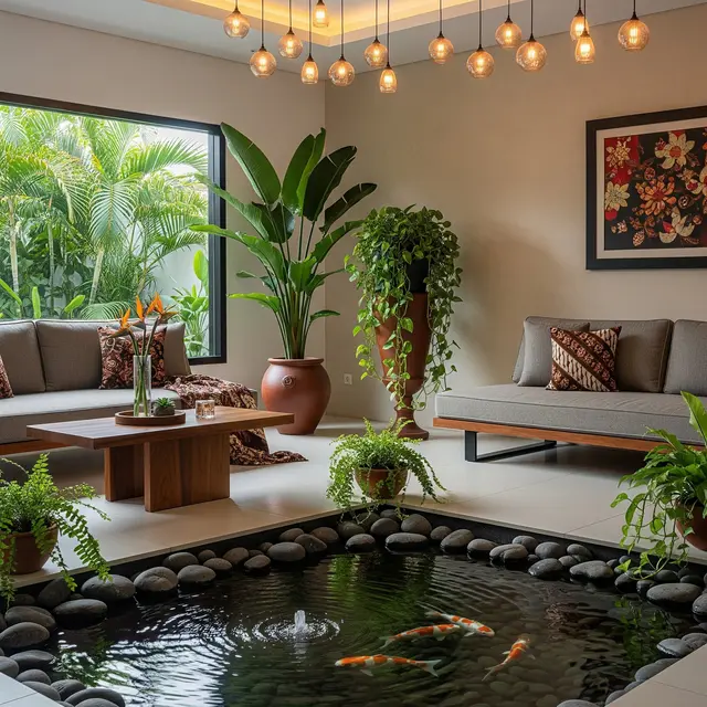 Model Ruang Tamu dengan Tanaman Hias dan Kolam Mini