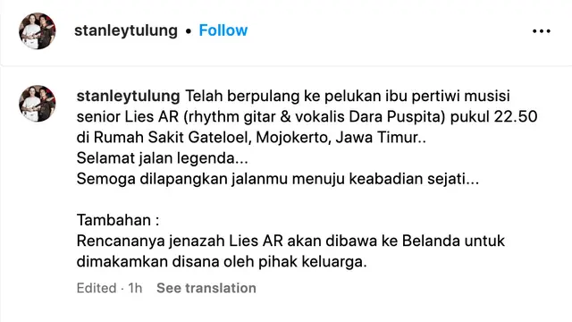 Lies AR gitaris band legendaris Dara Puspita meninggal dunia. (Foto: Dok. Instagram @stanleytulung)