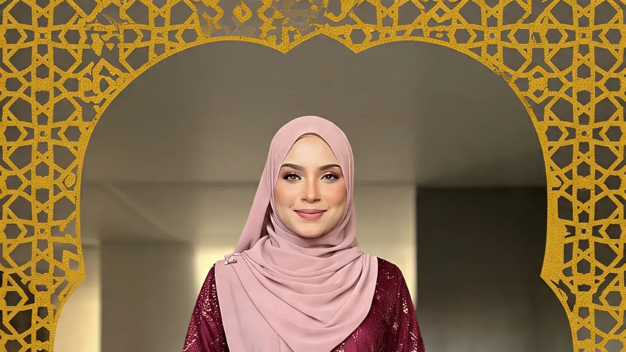 Ilustrasi muslimah memakai gamis merah marun dengan jilbab pink. (Ilustrasi by Meta AI)