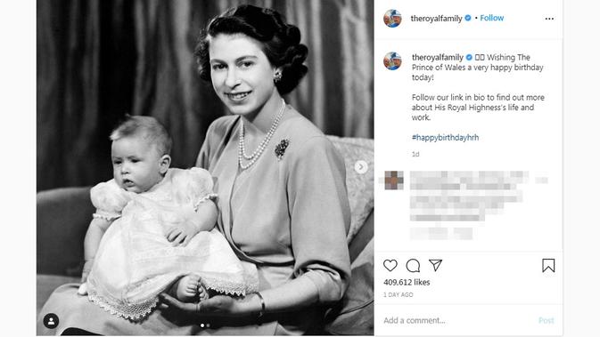 Ratu Elizabeth II mengunggah potret masa kecil Pangeran Charles di ulang tahun ke-72 sang putra. (Screenshot Instagram @theroyalfamily/https://www.instagram.com/p/CHkL5NynPlB/)