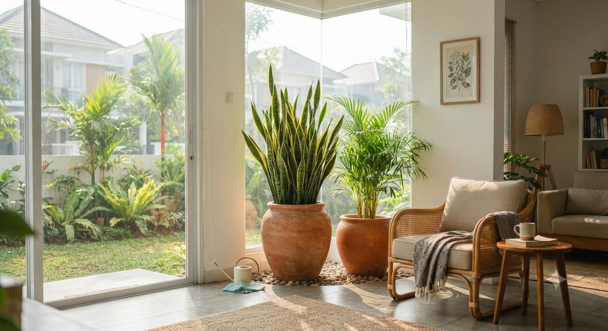 Ide Desain Rumah Rimbun untuk Perumahan Panas yang Teduh dan Tetap Rapi Nyaman Model Penempatan Pot Besar di Sudut Ruang Tamu Terbuka