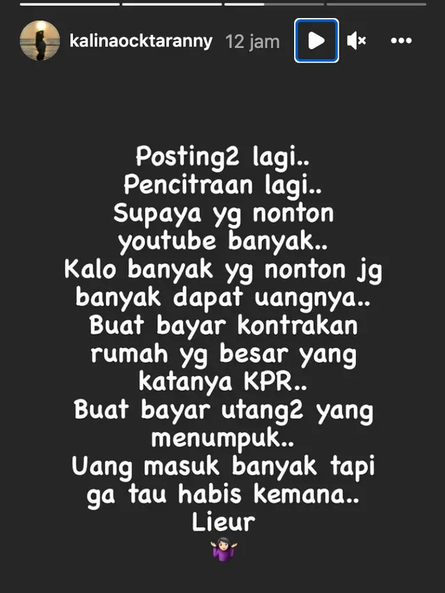 Unggahan Kalina Oktarani. (Foto: Instagram @kalinaocktaranny)