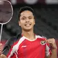 Anthony Sinisuka Ginting berhasil menambah medali perunggu bagi Indonesia setalah mengalahkan wakil Guatemala, Kevin Cordon pada partai perebutan juara tiga bulu tangkis tunggal putra Olimpiade Tokyo 2020. Dirinya berhasil menang dua gim langsung. (Foto: AP/Markus Schreiber)