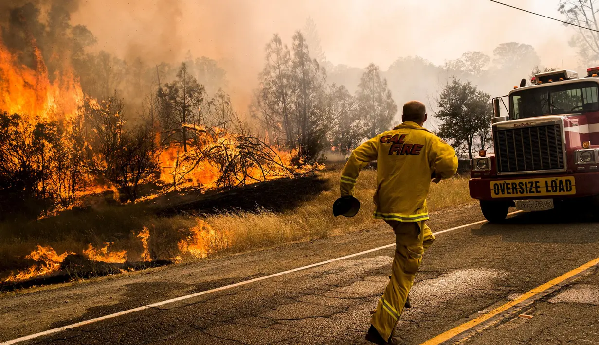 Petugas pemadam kebakaran berlari memindahkan truknya karena api mulai menjalar dengan cepat di kawasan Rocky Fire, San Francisco, California, Kamis (30/7/2015). Kewaspadaan tingkat tinggi diperlukan agar tidak menjadi korban. (REUTERS/Max Whittaker)