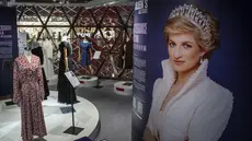 Gaun yang dikenakan Putri Diana ditampilkan pada pratinjau media jelang lelang Princess Diana's Elegance & A Royal Collection di Hong Kong, Rabu, 17 April 2024. (AP Photo/Vernon Yuen)