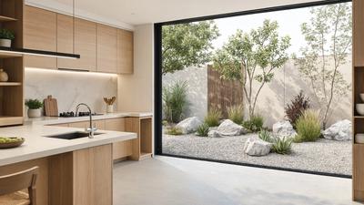 6 Ide Dapur Minimalis dengan Taman Kering di Belakang Rumah, Bikin Ruang Masak Lebih Segar
