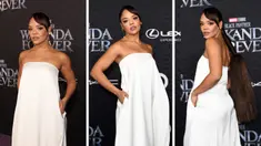 Foto kolase Tessa Thompson saat menghadiri pemutaran perdana film Black Panther: Wakanda Forever di El Capitan Theatre di Hollywood, California pada 26 Oktober 2022. (Jesse Grant/Getty Images untuk Disney/AFP)
