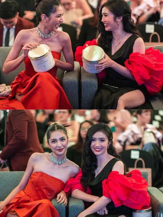 Baik duduk atau berdiri, tak mengurangi keindahan gaun Mikha dan Febby. (Foto: Instagram @febbyrastanty)