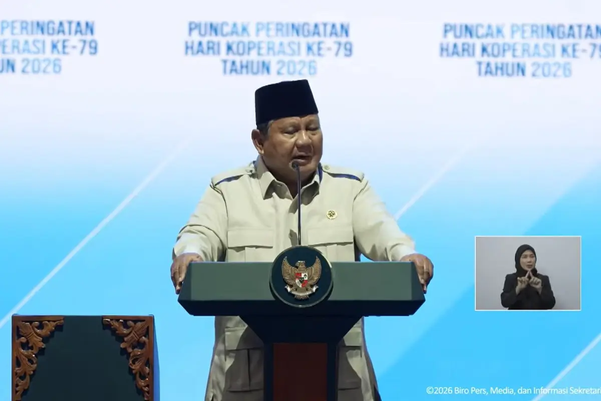Presiden Prabowo Subianto di acara Puncak Perayaan Hari Koperasi Nasional Ke-79 Tahun 2026 di Indonesia Arena, Gelora Bung Karno, Jakarta, Minggu (12/7/2026).