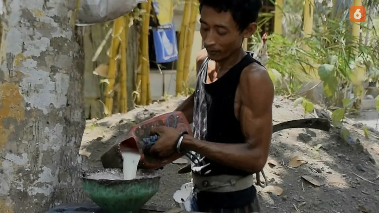 Salah satu penderes Edi Susianto menuang hasil nira kepala yang diunduhnya (Hermawan Arifianto)