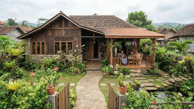 Rumah kampung dengan kayu dan batu alam yang nyaman untuk masa tua model dengan halaman dengan jalur batu alam