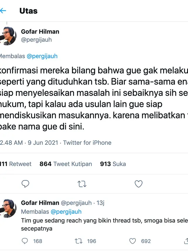 Unggahan Gofar Hilman. (Foto: Dok. Twitter @pergijauh)