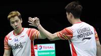 Ganda putra Indonesia, Kevin Sanjaya Sukamuljo/Marcus Fernaldoi Gideon, mengalahkan pasangan Jepang, Takeshi Kamura/Keigo Sonoda, pada semifinal Piala Sudirman 2019, di Nanning, China, Sabtu (25/5/2019). (PBSI)
