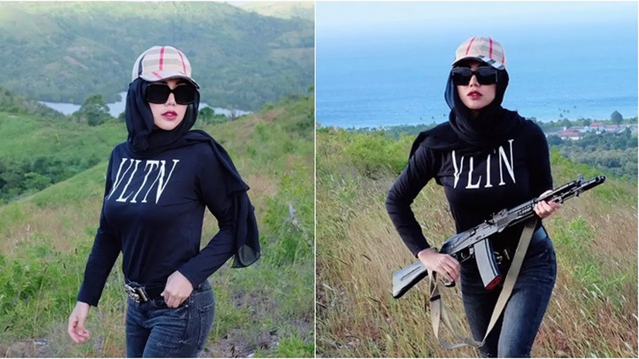 7 Gaya Bella Shofie di Puncak Gunung Latihan Menembak Ini Curi Perhatian