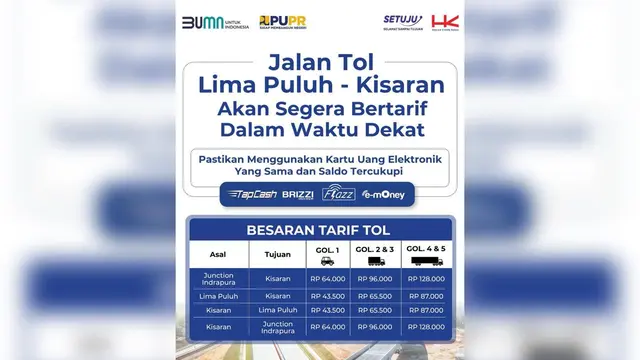 Besaran Tarif Tol Indrapura-Kisaran Seksi Lima Puluh-Kisaran