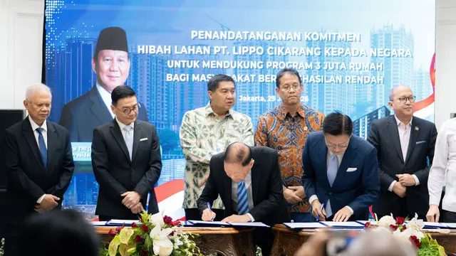 Penandatanganan komitmen hibah lahan PT Lippo Cikarang Tbk kepada negara untuk mendukung program 3 juta rumah bagi masyarakat berpenghasilan rendah (MBR) di Gedung Danantara, Jakarta, Senin (29/6/2026). (Dok. Lippo)