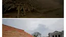 Gambar kombinasi menunjukkan kuil di Bashantapur Durbar Square setelah gempa bumi pada 25 April 2015 (atas) dan lokasi yang sama setelah gempa dahsyat yang menewaskan lebih dari 8.000 orang di Kathmandu, Nepal, 16 Februari 2016. (REUTERS/Navesh Chitrakar)