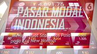 Pergerakan saham pada layar elektronik pergerakan saham di Bursa Efek Indonesia, Jakarta, Kamis (10/7/2020). IHSG pada perdagangan di BEI turun pada Kamis (10/9/2020) pada pukul 10.36 WIB IHSG turun tajam sebesar 5 persen pada level 4.892,87 atau turun 257,49 poin. (Liputan6.com/Faizal Fanani)
