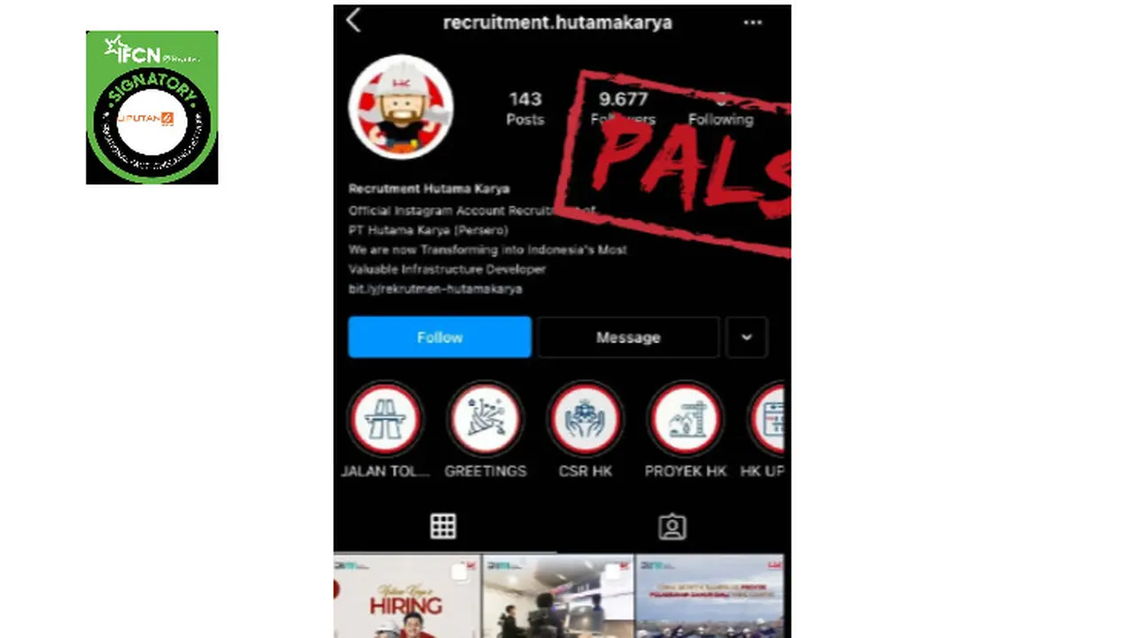Cek Fakta Liputan6.com menelusuri akun Instagram rekrutmen karyawan Hutama Karya