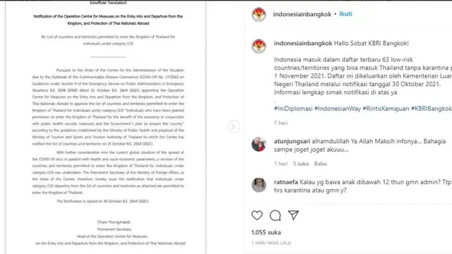 Thailand Ubah Kebijakan, Kini 63 Negara Termasuk Indonesia Boleh Masuk Tanpa Karantina