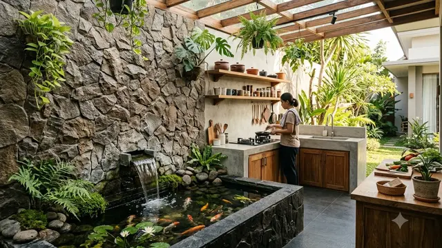Desain Dapur Semi Outdoor dengan Kolam Ikan Mini