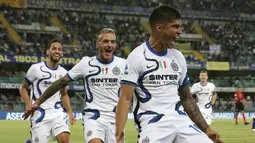 Joaquin Correa. Striker berusia 27 tahun yang baru saja didatangkan Inter Milan dari Lazio dengan status pinjaman ini telah mencetak 2 gol. Kedua gol dicetak saat debutnya pada pekan kedua melawan tuan rumah Hellas Verona yang berakhir 3-1 untuk Nerazzurri. (Foto: LaPresse via AP/Paola Garbuio)