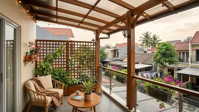 Desain balkon rumah yang berhadapan dengan tetangga namun tetap nyaman dan punya pemandangan indah model dengan kanopi dan lampu