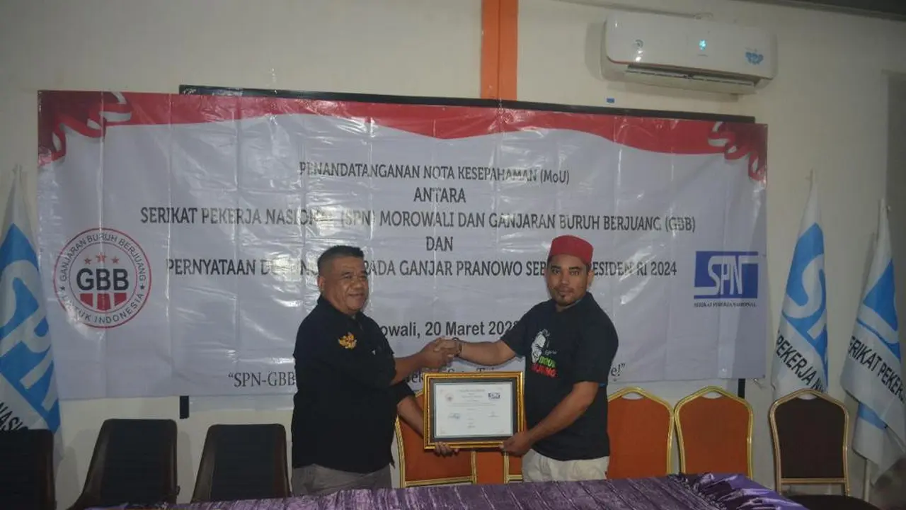 Pernyataan Dewan pimpinan cabang Serikat Pekerja Nasional (DPC SPN) Kabupaten Morowali dukungan terhadap Ganjar Pranowo sebagai presiden RI 2024 dan penandatanganan MoU dengan Ganjaran Buruh Berjuang (GBB) (Istimewa)