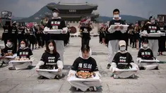 Para aktivis dari kelompok 'Animal Liberation Wave' dan 'Last Chance for Animals' membawa anak anjing mati yang diambil dari peternakan daging anjing di Gwanghwamun Plaza, Seoul (7/7). Mereka memprotes perdagangan daging anjing. (AFP Photo/Ed Jones)