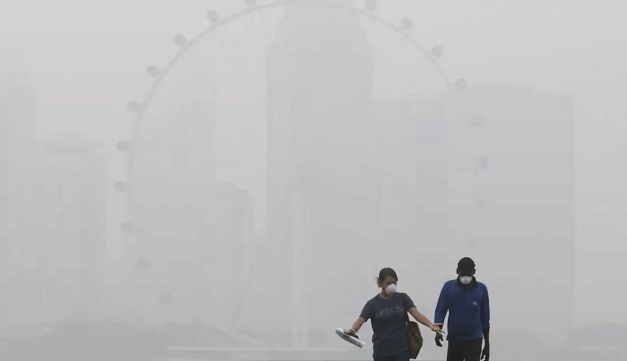 Kebakaran hutan yang terjadi di Riau menyebabkan Singapura terkena kabut asap, Selasa (29/9/2015). Badan Lingkungan Hidup Nasional Singapura meningkatkan level kabut asap menjadi sangat tidak sehat (REUTERS/Edgar Su)