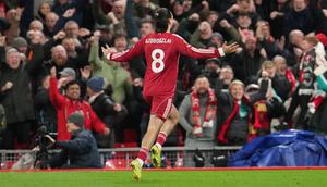 Dominik Szoboszlai dari Liverpool merayakan golnya selama pertandingan Liga Inggris antara Liverpool dan Manchester City di Liverpool, Inggris, Minggu, 8 Februari 2026. (AP Photo/Jon Super)