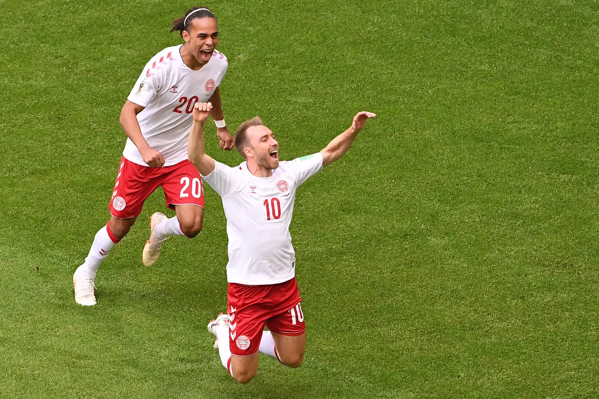 Christian Eriksen mencetak gol pertama Timnas Denmark kala menghadapi Australia di Piala Dunia 2018.