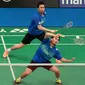 Ganda putra Indonesia Hendra Setiawan/Mohammad Ahsan lolos ke babak kedua Indonesian Masters 2015 di Malang, Jawa Timur, Rabu (2/12/2015). (Liputan6.com/Humas PP PBSI)