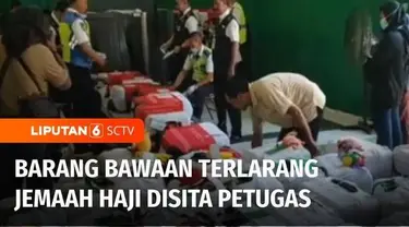 Petugas Angkasa Pura menyita sejumlah barang bawaan yang dilarang di dalam koper jemaah calon haji kloter satu embarkasi Surabaya, Jawa Timur. Selain berlebihan, ada barang bawaan yang dikhawatirkan membahayakan penerbangan.