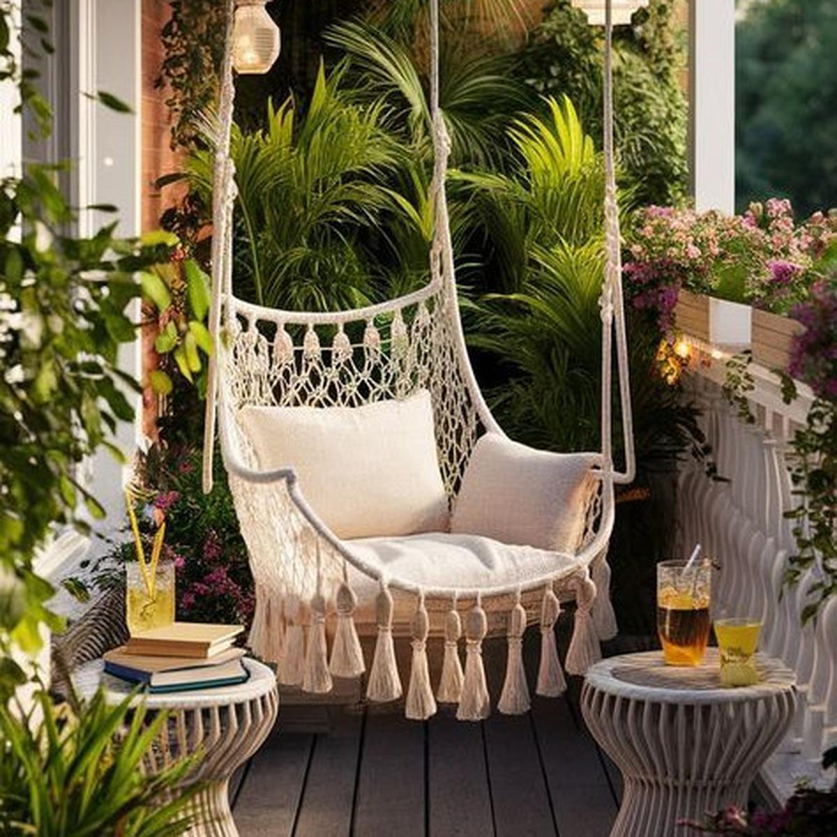 Ilustrasi Taman di Balkon dengan Kursi Gantung (©Pinterest)